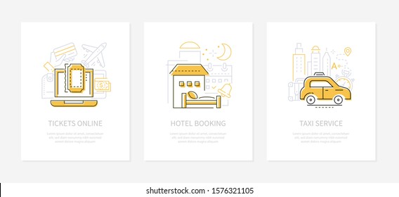 Vacation planning and traveling - line design style banners with place for your text. Buying tickets online, hotel booking and taxi service themes. Tourist information linear illustrations with icons