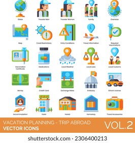Vacation Planning - Trip Abroad Icons Including holiday, vacation, travel, journey, trip, woman, map, summer, plan, tourism, tour, traveler, people, planning, indoors, camera, tourist, preparatio