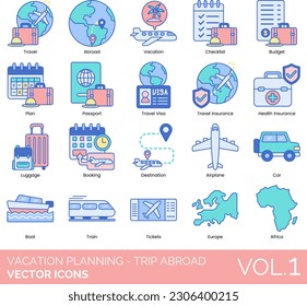 Vacation Planning - Trip Abroad Icons including Abroad, Accommodation, Africa, Airplane, Asia, Australia, Boat, Booking, Budget, Car, Checklist, Insurance, Homestay, Hostel, Hotel, Local, Tickets