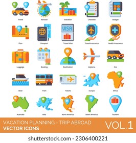 Vacation Planning - Trip Abroad Icons Including holiday, vacation, travel, journey, trip, woman, map, summer, plan, tourism, tour, traveler, people, planning, indoors, camera, tourist, preparatio