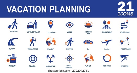 Vacation Planning Vector Icon Set for Travel Booking Apps, Flight Hotel Itinerary Navigation, Summer Holiday Tourism and Global Trip Management UI Symbols