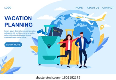 Vacation Planning web page template with happy couple with their suitcases and passports in front of a globe with airplane, colored vector illustration