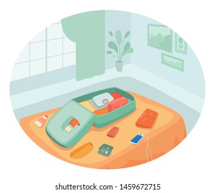 Vacation preparation flat vector illustration. Essentials packing, bags unpacking. Open suitcase in bedroom, hotel room. Charging phone, suntan cream, clothes and passports on bed. Summer holiday trip