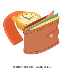 Vacation preparation icon isometric vector. Modern men leather wallet, wristwatch. Summer rest, travel