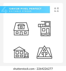 Vacation property pixel perfect linear icons set. Bungalow rent. Summer holiday villa. Real estate purchase. Customizable thin line symbols. Isolated vector outline illustrations. Editable stroke