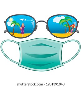 Vacation and quarantine. Glasses with beach reflection and medical mask

