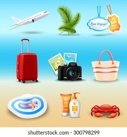 Vacation realistic icons set with airplane palm suitcase isolated vector illustration