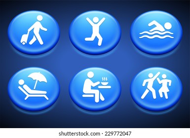 Vacation and Recreation Activity on Blue Round Buttons