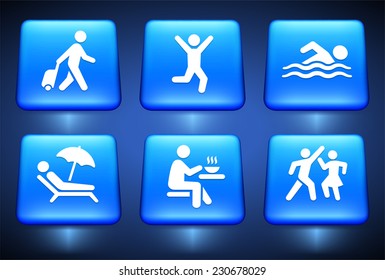 Vacation and Recreation Activity on Blue Square Buttons