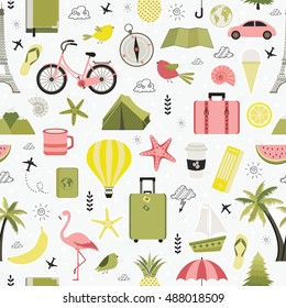 Vacation, recreation, holiday, travel. Seamless pattern. All elements are  hidden under mask. Pattern are not cropped and can be edited. Cute vector illustration.