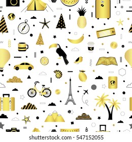 Vacation, recreation, holiday, travel. Seamless pattern. All elements are  hidden under mask. Pattern are not cropped and can be edited. Cute vector illustration