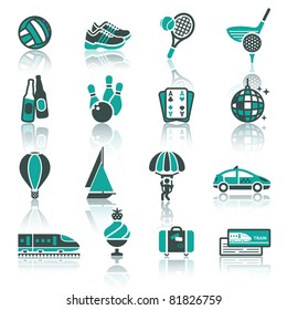 Vacation, Recreation & Travel, icons set. Sport, Tourism with reflection