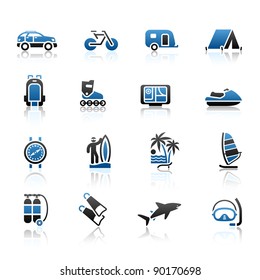 Vacation, Recreation & Travel, icons set. Sport, Tourism with reflection