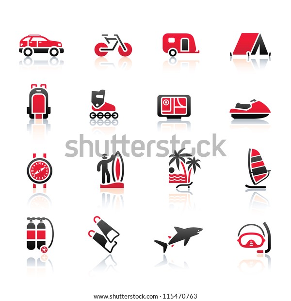 Vacation, Recreation & Travel, icons set.\
Sport, Tourism with\
reflection