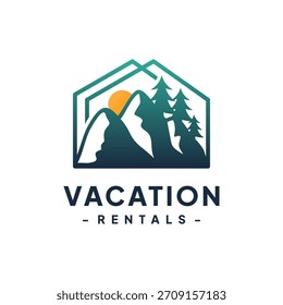 Vector de diseño de logotipos de alquiler de vacaciones. Concepto de servicios de guía de viajes, agencias de búsqueda de alojamiento y propiedades de vacaciones.