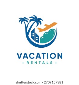 Vector de diseño de logotipos de alquiler de vacaciones. Concepto de servicios de guía de viajes, agencias de búsqueda de alojamiento y propiedades de vacaciones.