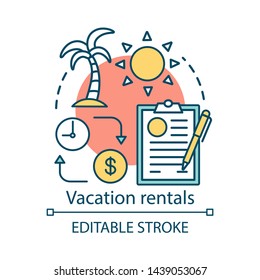 Vacation rentals concept icon. Apartment, cottage, beach house rent idea thin line illustration. Tropical vacation. Journey and  travel planning. Vector isolated outline drawing. Editable stroke