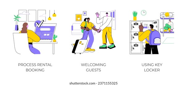 Vacation rentals isolated cartoon vector illustrations set. Woman processing online booking, smiling host welcoming guests, customer using key locker, self check-in, hospitality vector cartoon.