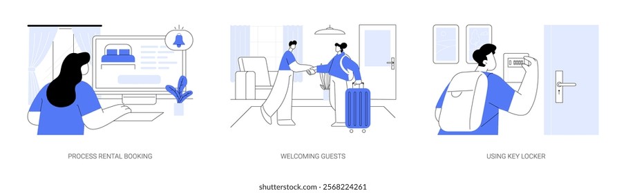 Vacation rentals isolated cartoon vector illustrations set. Woman processing online booking, smiling host welcoming guests, customer using key locker, self check-in, hospitality vector cartoon.