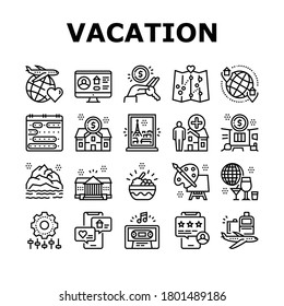 Vacation Rentals Place Collection Icons Set Vector. Vacation And Travel, Audio Guide Cassette And Calendar, House And Apartment Rent Black Contour Illustrations