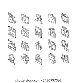 Vacation Rentals Place Collection isometric icons set. Vacation And Travel, Audio Guide Cassette And Calendar, House And Apartment Rent Color Contour .