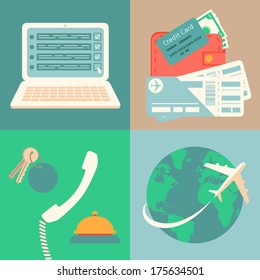 Vacation reservation and booking icons set with hands for vacation trip payment and ticket purchase vector illustration