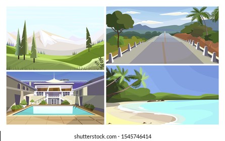 Vacation and resort vector illustration set. Summer mountain landscape, country road, hotel patio with pool, tropical beach. Travel concept