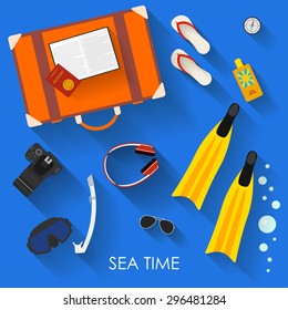 vacation and rest theme. Bright illustration in trendy flat style with some objects with long shadows using modern people on sea during rest time.
