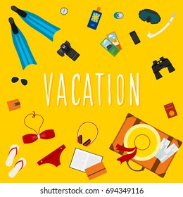 Vacation and rest theme card template. Flat style illustration for design card, invitation, poster, banner, t shirt etc