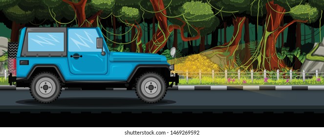 Vacation Road Trip On Blue Jeep car Dark Green Forest Theme Panorama View Vector Illustration