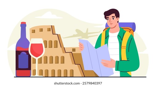 Vacation in Rome. Man with backpack and map near Coliseum. Travel to Italy and tourism. Holiday and vacation. European architecture and italian landmark. Flat vector illustration