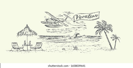 Vacation scene on the beach with umbrella,beach equipment.Airplane,palms,water surfer and ocean on background.Sketch style,isolated,vector,illustration.