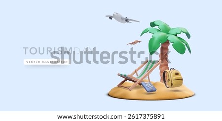 Vacation Scene With Palm Tree, Deck Chair, Backpack and Flying Airplane on a Tropical Island in Fun 3D Cartoon Style. Ideal for Summer and Travel Concepts. Vector Illustration.
