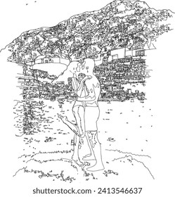 Vacation scenery of couples or lovers, handsome man and beautiful woman with flowing hair embracing and kissing at the lakeside with a detailed city and mountain backdrop line art vector illustration