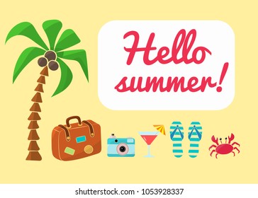 Vacation at sea: vacation items, suitcase,camera, cocktail. beach slippers, a crab, a palm tree on a yellow background and the words: Hello summer!