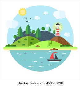 Vacation in the sea with lighthouse, hill, tree, mountain, fish and sailing ship. Summer time holiday voyage concept. Illustration in flat style. Travel background.