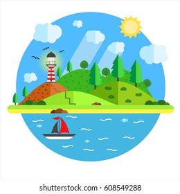 Vacation in the sea with lighthouse, hill, tree, mountain, fish and sailing ship. Summer time holiday voyage concept. Illustration in flat style. Travel background.