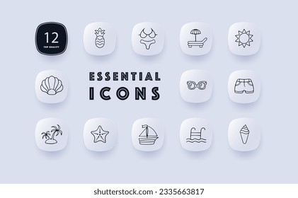 Icono de vacaciones en la línea marítima. Shell, isla, gafas de sol, velero, helado, pez estrella. Concepto de neomorfismo. Icono de línea de vector