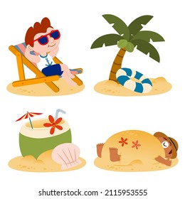 Vacation at sea. A man lies on a lounger on a sandy beach, He wear sunglasses and relaxes. lifebuoy and coconut stay on beach vector illustration