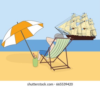 Vacation at sea. A man is sitting in a deck chair watching the ship. Hand drawn cartoon vector illustration for design and infographic.
