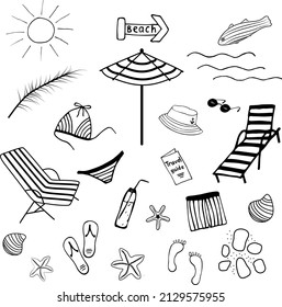 Vacation at sea, set of vector doodle illustrations. Isolated items on a white background. Swimsuit, swimming trunks, waves, starfish, shells, sun, beach pointer, sunglasses, guidebook. EPS 10