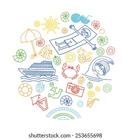 Vacation at sea vector icons set. Marine background.