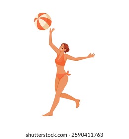 Vacation at Sea with Woman Play Volleyball Have Rest on Beach Vector Illustration