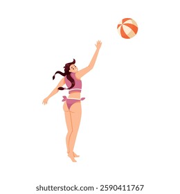 Vacation at Sea with Woman Play Volleyball Have Rest on Beach Vector Illustration