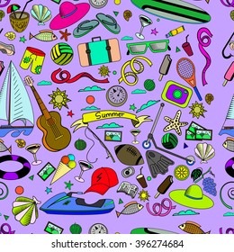 Vacation seamless  line art design vector illustration. Separate objects. Hand drawn doodle design elements.