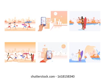 Vacation at seaside set. People surfing, playing ball on beach, booking flights. Flat vector illustrations. Summer, tropical resort, activity concept for banner, website design or landing web page