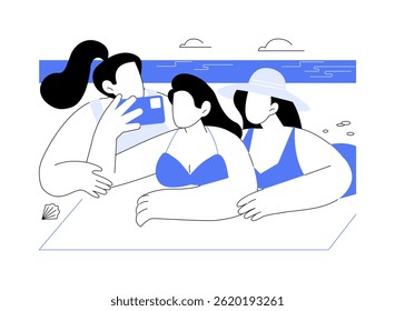 Vacation selfies isolated cartoon vector illustrations. Smiling girls take selfie on the beach, vacation time, travelling with friends, summer journey, spending holidays together vector cartoon.