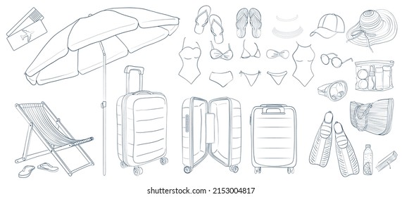 Vacation set by the sea. Outline illustration of a set for a holiday on the sea coast.