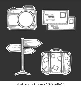 Vacation set, digital photo camera and handbag, wooden signpost and letters with stamps. Hand drawn vector in engraving and sketch style.