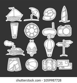 Vacation set, digital photo camera and handbag, boat and beach umbrella, diving mask and ball. Hand drawn vector in engraving and sketch style.
